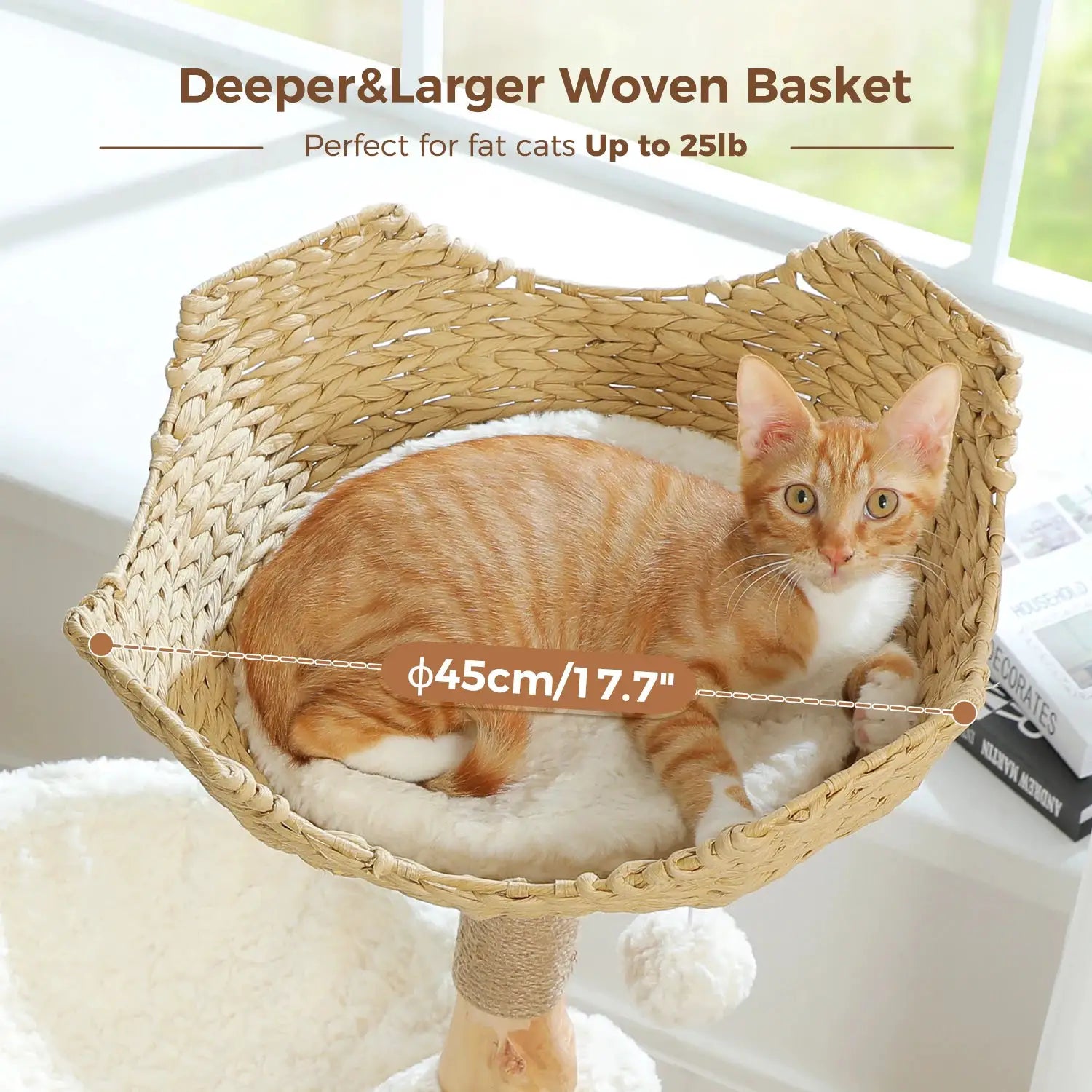 Modern Cat Tree Tower with Natural Solid Wood Scratching Posts Spacious Wicker Basket Luxury Cat Condo Bed for Indoor Cat Toys by Furtastic Pet Essentials