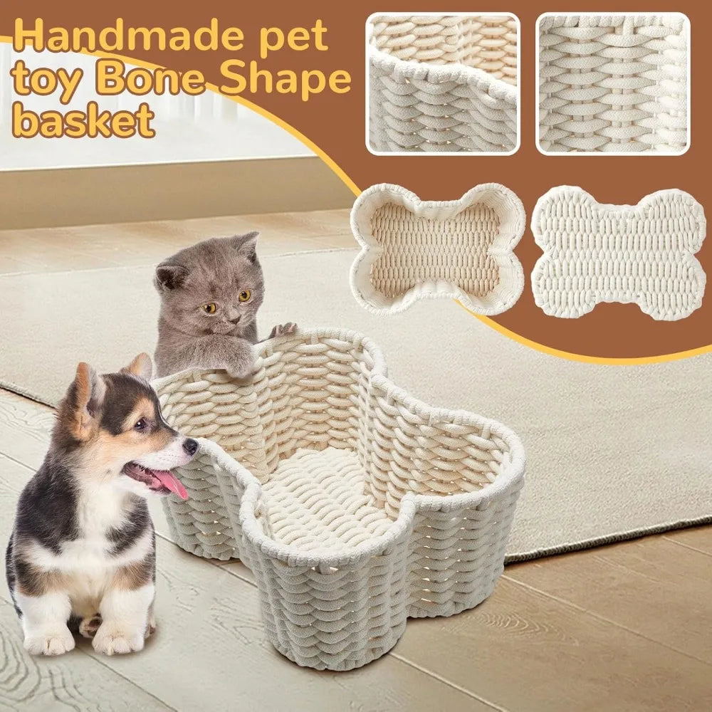 Two Pack Bone Shaped Dog Toy Baskets Handmade Cotton Rope Organizer