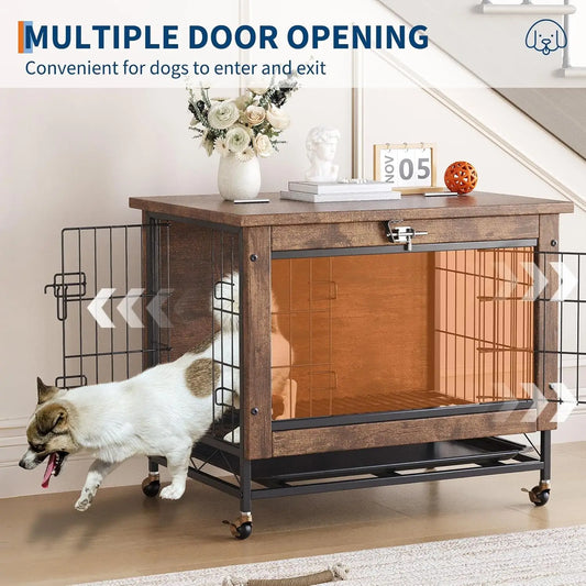 HiMISS Dog Crate Furniture With Wheels Two Doors Tray