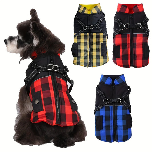 Plaid Padded Dog Jacket With Harness Windproof Cold Weather