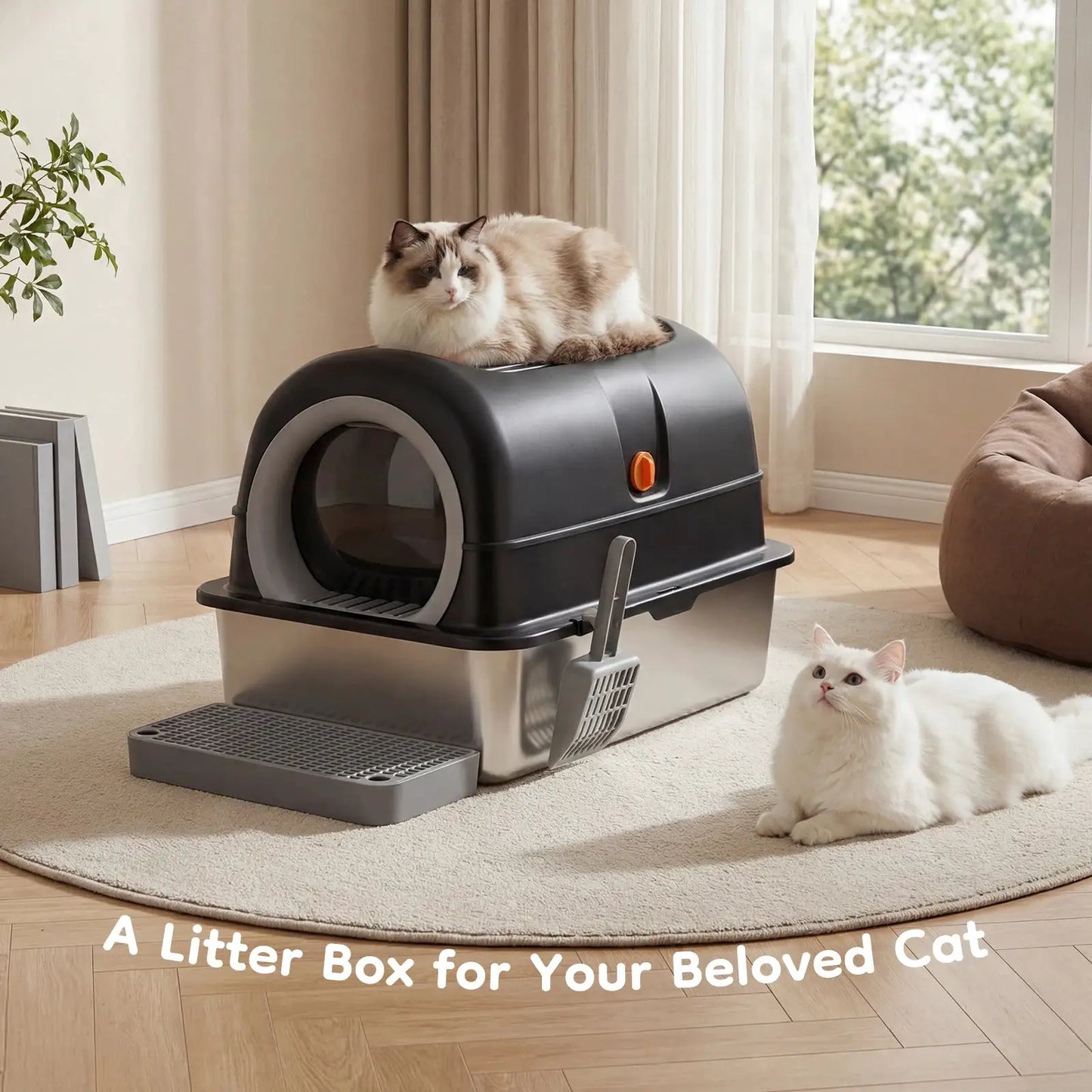 JHK 24IN Stainless Steel Cat Litter Box with Fully Enclosed 30L Large Cat Litter Box for Big Cats Cat Box Scoop and Mat Included by Furtastic Pet Essentials