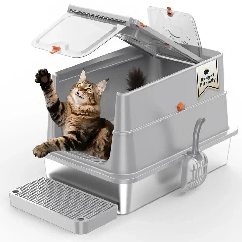 Steel Litter Box with Lid, SUS304 Metal Cat Litter Boxes, Enclosed Extra Large Kitty LitterBox High Wall, Jumbo Cat Toilet Odor by Furtastic Pet Essentials