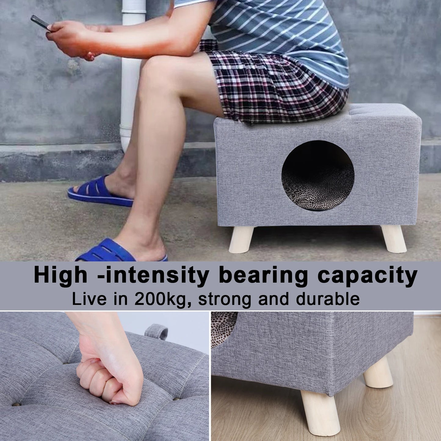 Wooden Cat House Cube Bed With Mat Cushion For Cats And Dogs