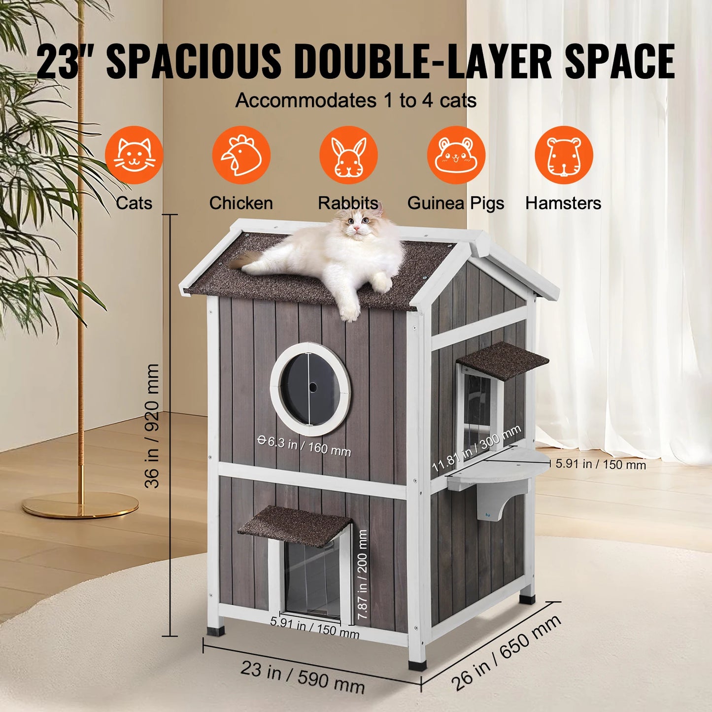 SucceBuy Weatherproof Outdoor Cat House For Multiple Cats With Doors Window
