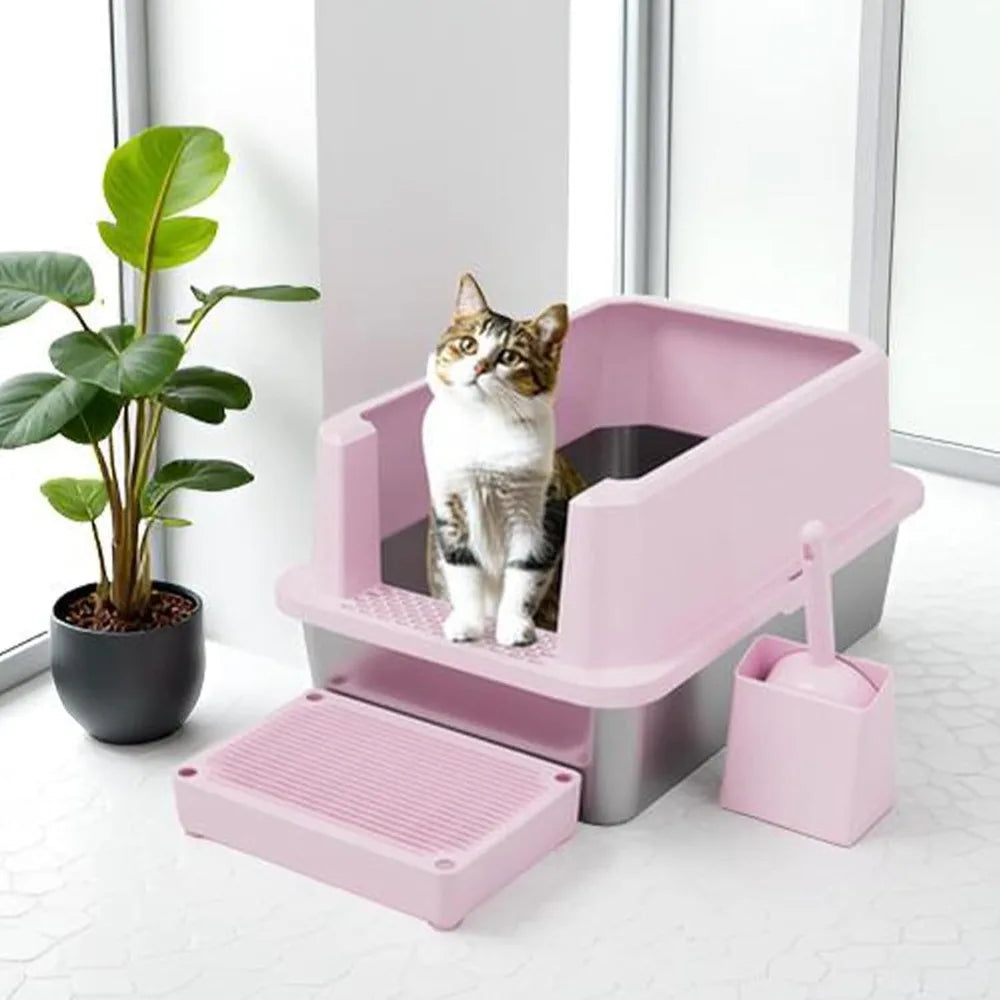 Stainless Steel Litter Box Open Top Tray Odor Control For Cats