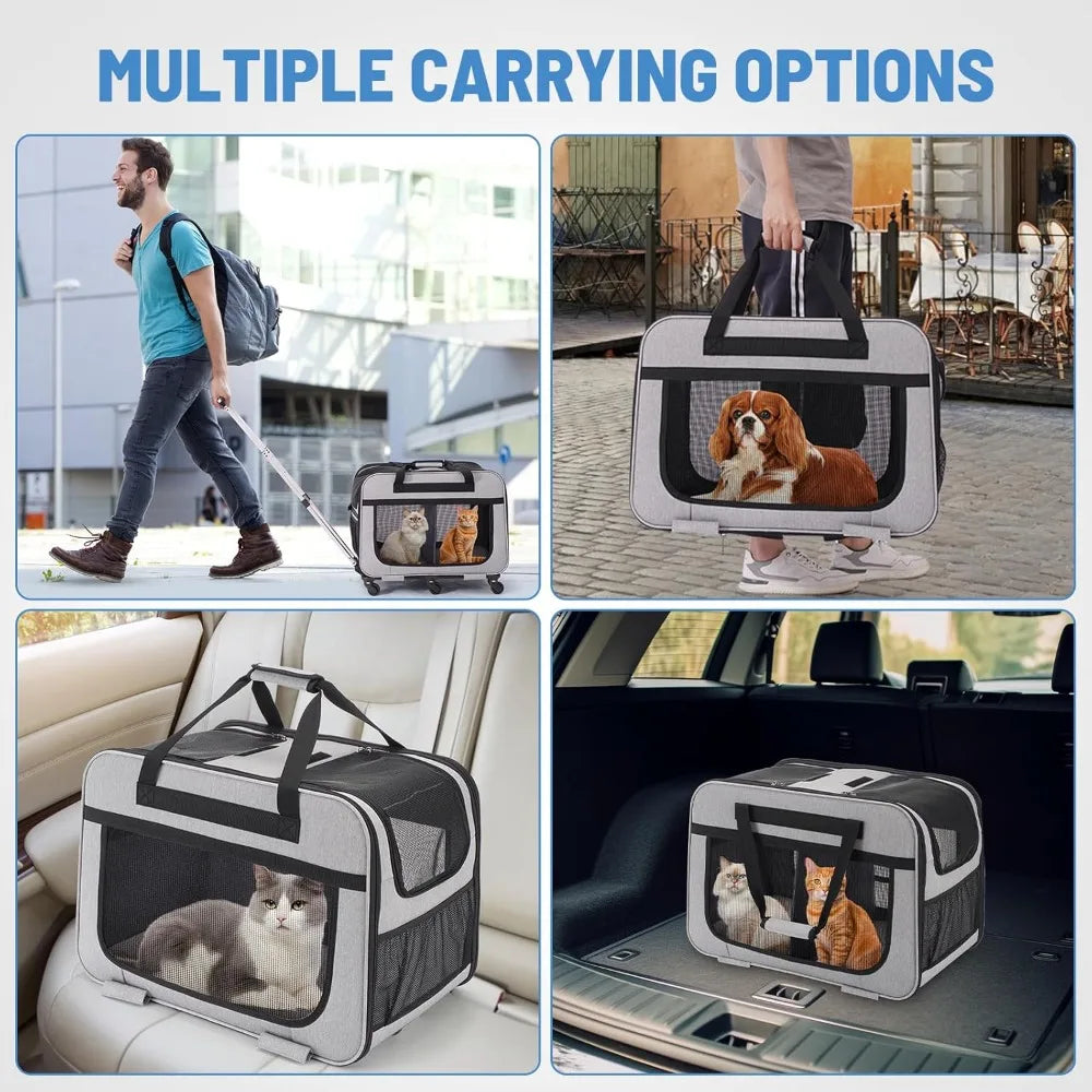 TIFICY Double Pet Carrier With Wheels For Cats And Small Dogs Up To 40 Pounds