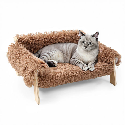 Raised Plush Cat Bed With Sturdy Wooden Leg Frame Sofa