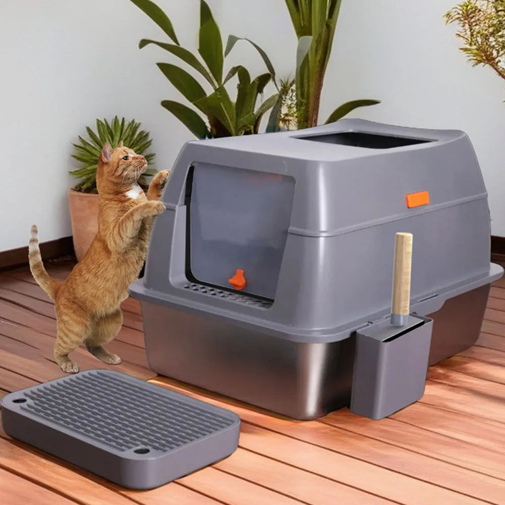 Feature Stainless Steel Cat Litter Tray With Lid High Wall