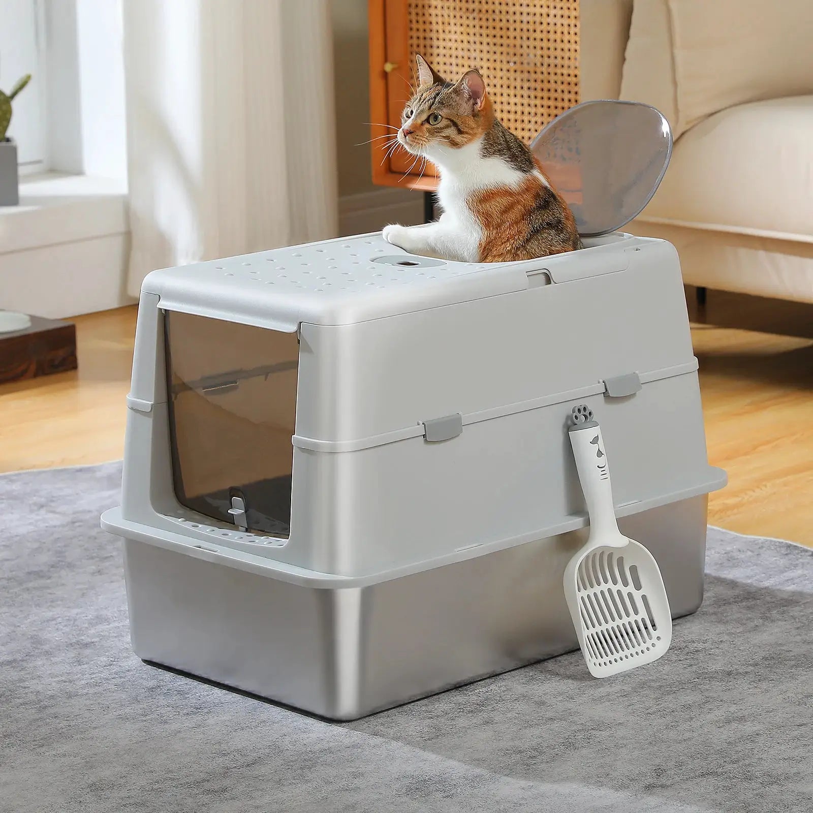 Stainless Steel Cat Litter Box with Scoop, High Sides Large Enclosed Litter Box for Indoor, Front & Top Dual Entry for Big Cats by Furtastic Pet Essentials