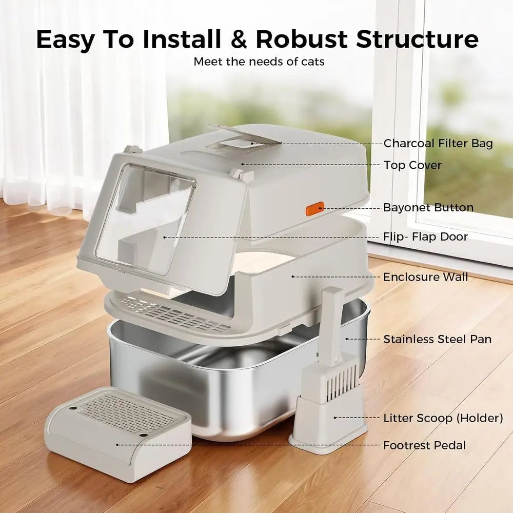 High-Sided Stainless Steel Cat Litter Box With Lid And Scoop