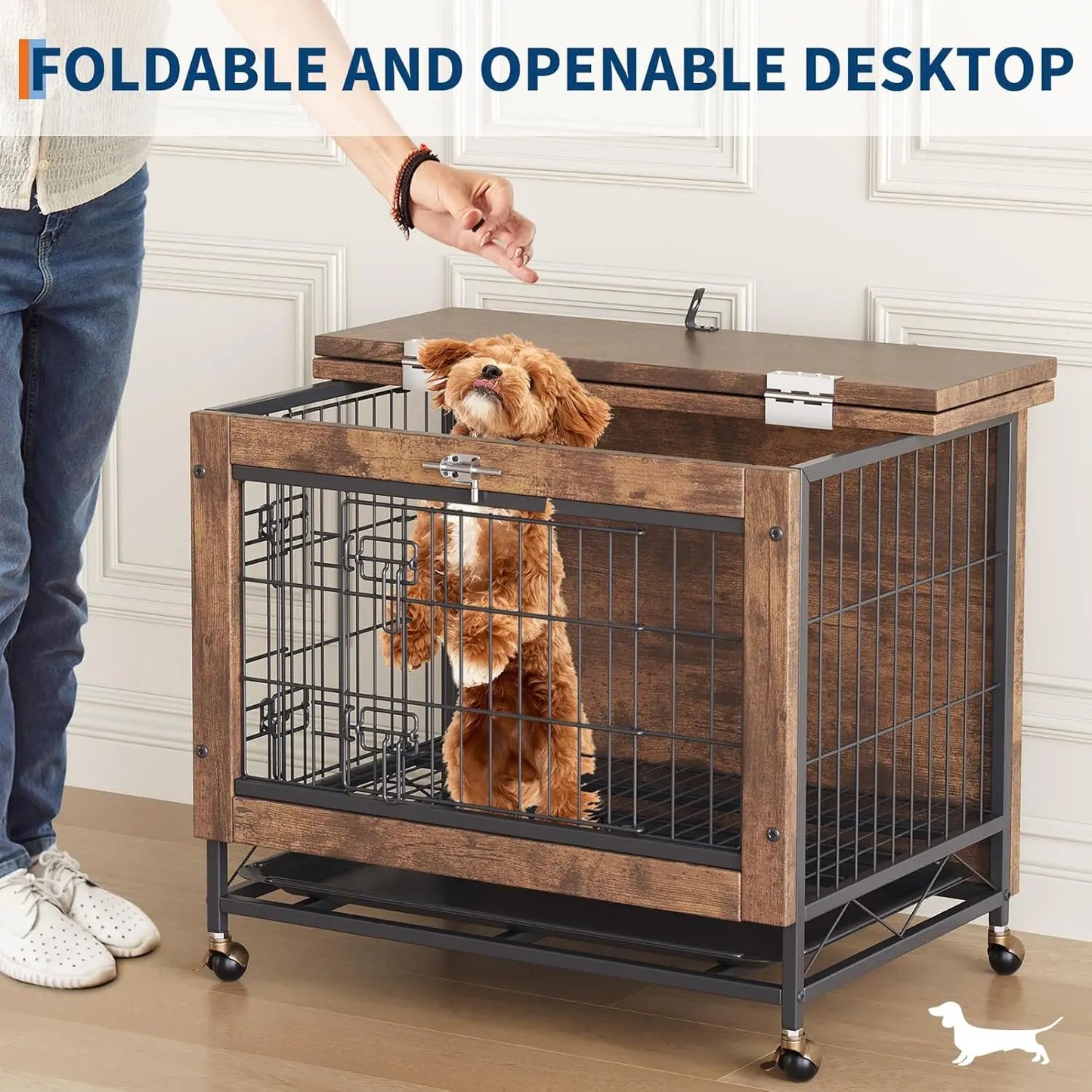 HiMISS Dog Crate Furniture With Wheels Two Doors Tray