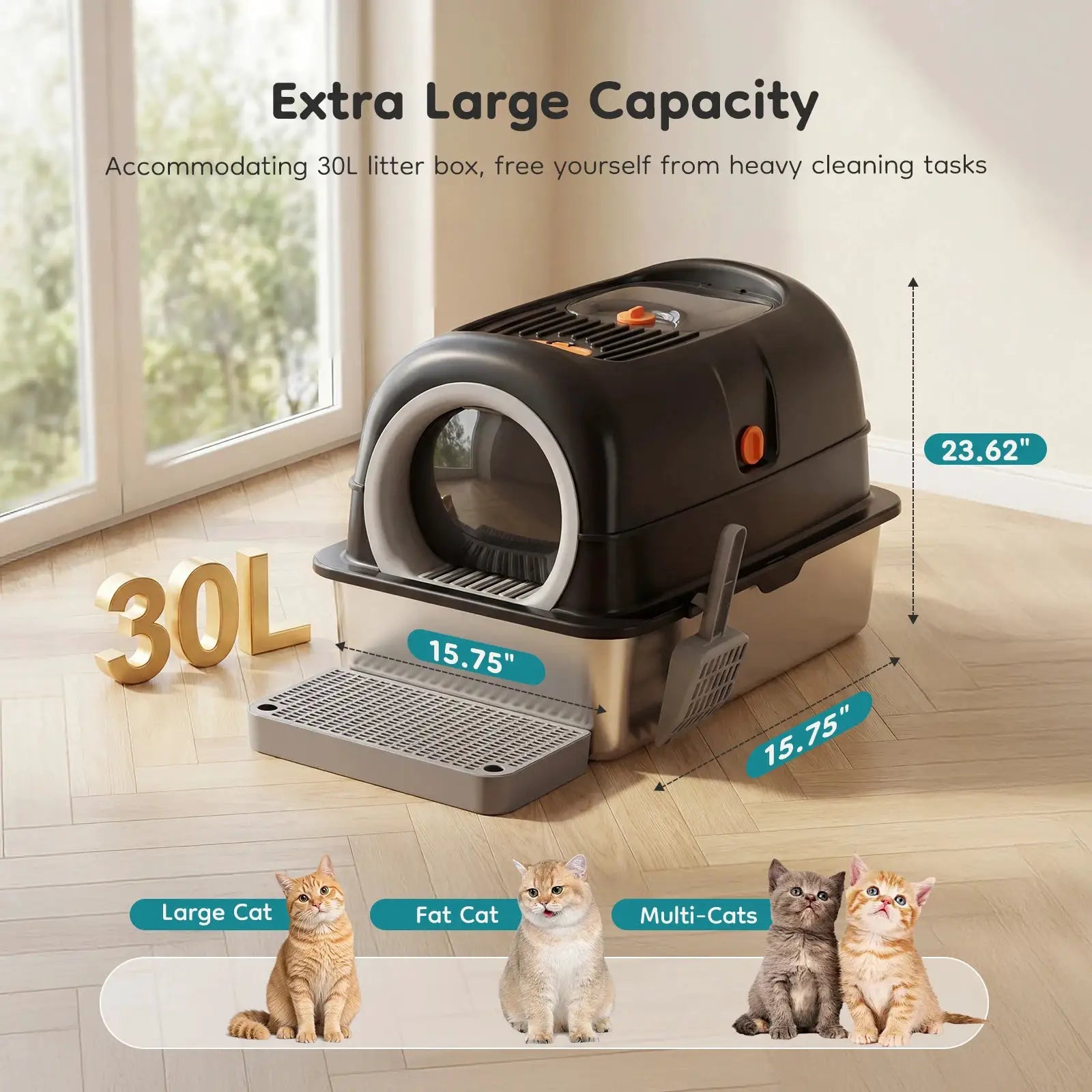 JHK 24IN Stainless Steel Cat Litter Box with Fully Enclosed 30L Large Cat Litter Box for Big Cats Cat Box Scoop and Mat Included by Furtastic Pet Essentials