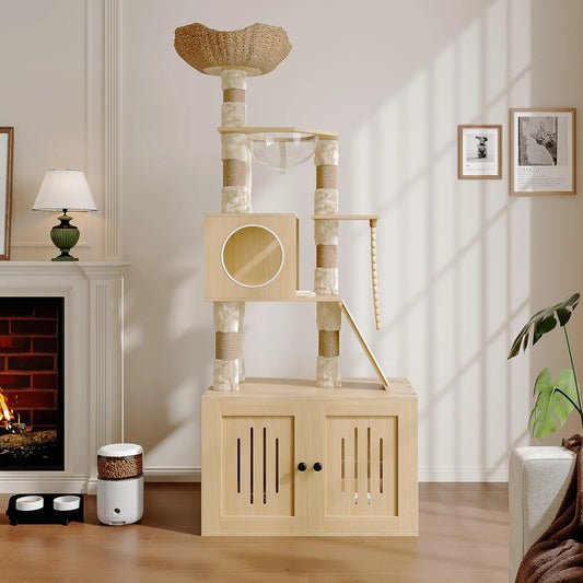 StudysetCN Cat Tree with Litter Box Enclosure and Four Tiers