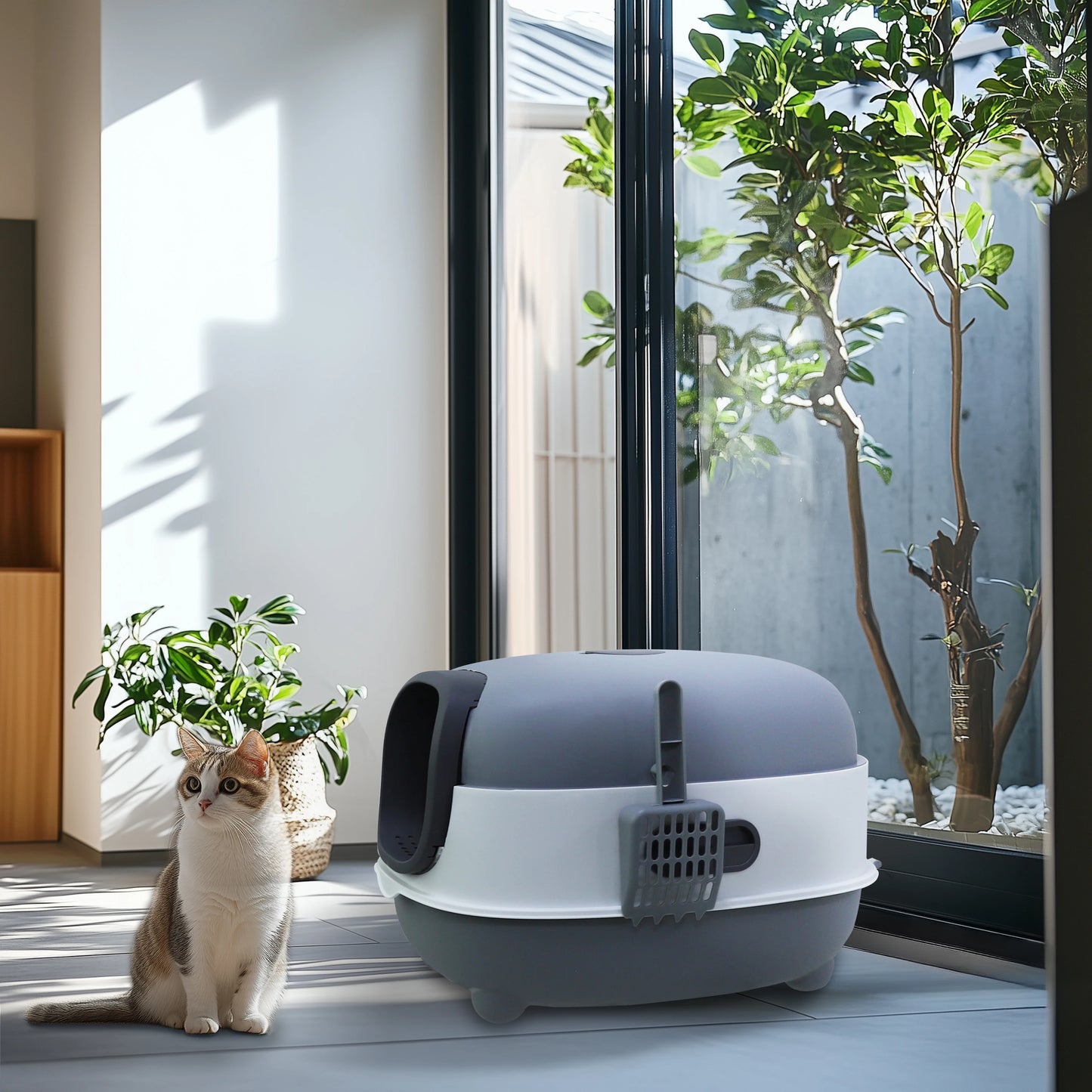 Feature Hooded Cat Litter Box Front Entry Enclosed Toilet With Scoop