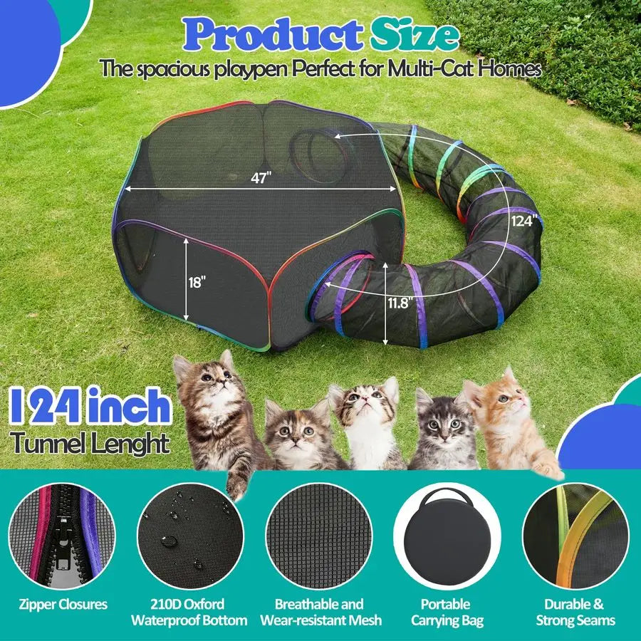 Portable Rainbow Cat Enclosure Playpen With Storage Bag And Stakes