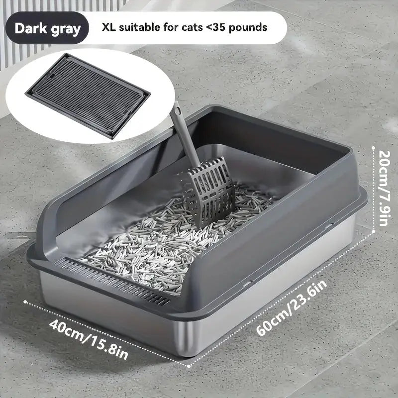 KEMORELA EXtra Large Stainless Steel Cat Litter Box with Lid - Enclosed LitterPan High-Sided Resistant Leak-Proof Cat Litter Mat by Furtastic Pet Essentials