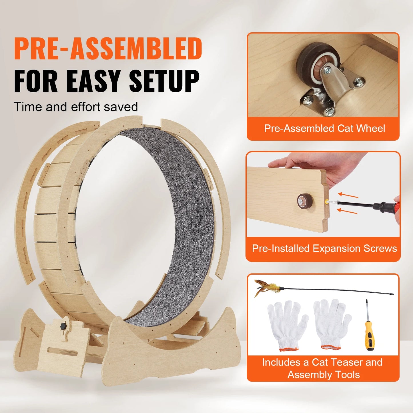 Wooden Cat Exercise Wheel for Indoor Cats with Detachable Carpet and Teaser