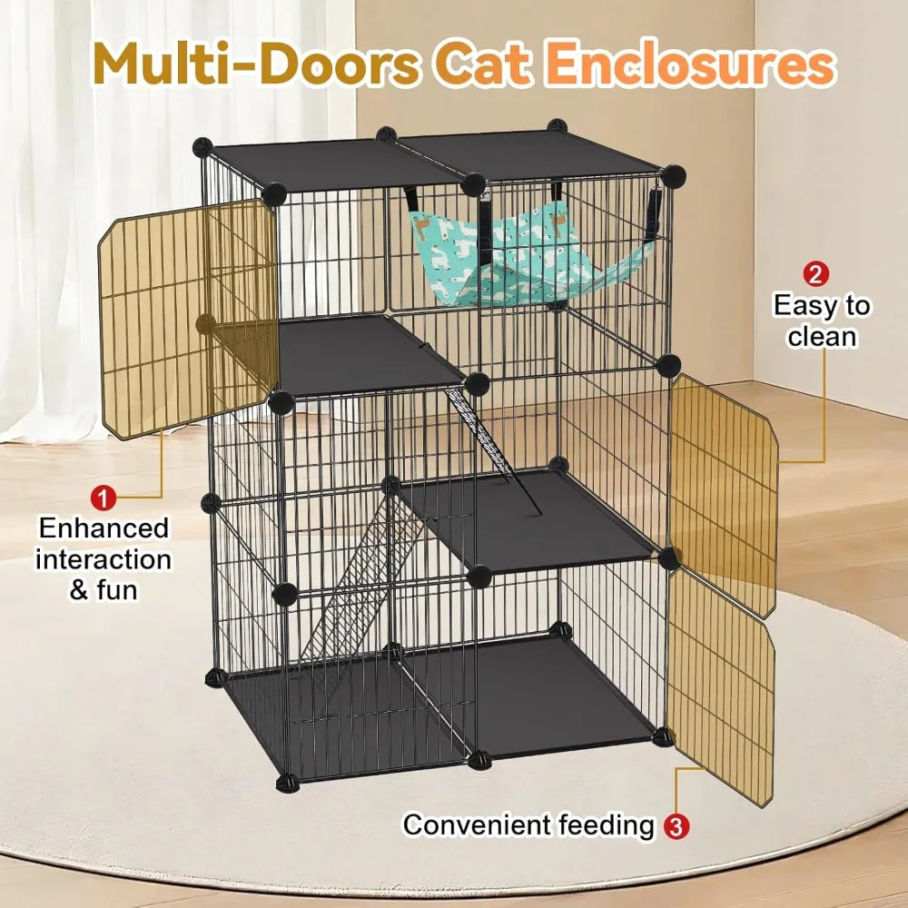 Three-Tier DIY Cat Cage Catio With Hammock For Indoor Outdoor