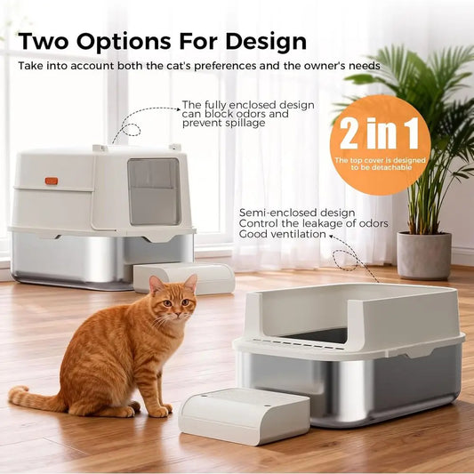 High-Sided Stainless Steel Cat Litter Box With Lid And Scoop