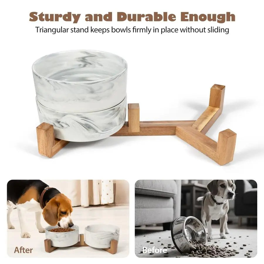 XMSJ Ceramic Pet Bowls With Wood Stand for Medium Dogs