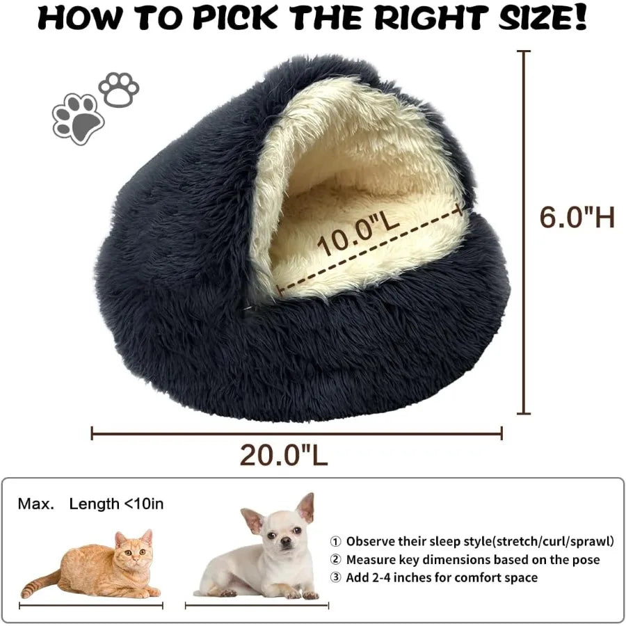 Round Plush Hooded Cat Bed Cave For Indoor Cats Dogs