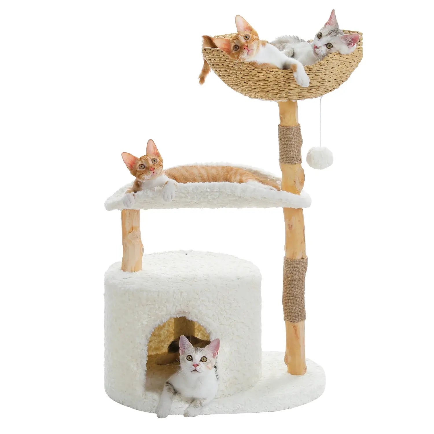 Modern Cat Tree Tower with Natural Solid Wood Scratching Posts Spacious Wicker Basket Luxury Cat Condo Bed for Indoor Cat Toys by Furtastic Pet Essentials