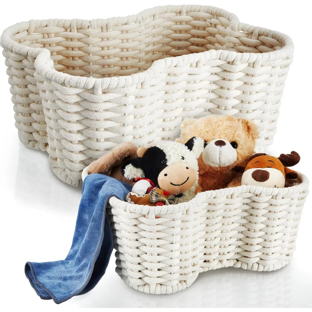 Two Pack Bone Shaped Dog Toy Baskets Handmade Cotton Rope Organizer