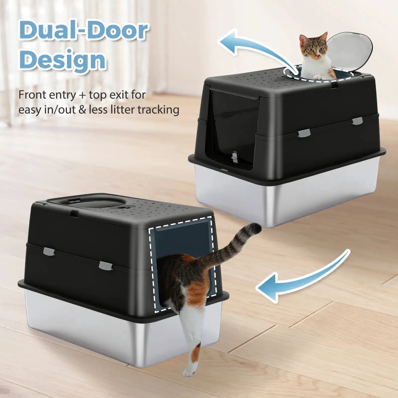 Stainless Steel Cat Litter Box with Scoop, High Sides Large Enclosed Litter Box for Indoor, Front & Top Dual Entry for Big Cats by Furtastic Pet Essentials