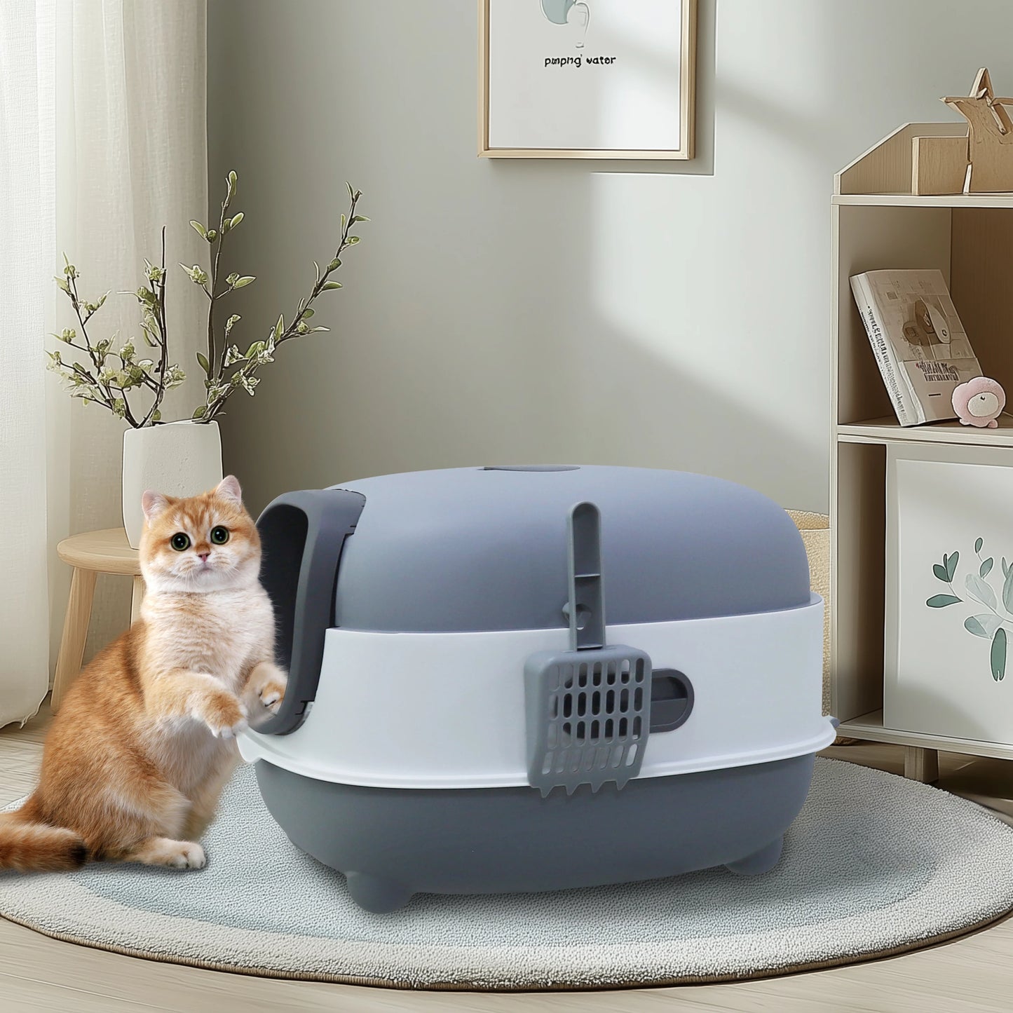 Feature Hooded Cat Litter Box Front Entry Enclosed Toilet With Scoop