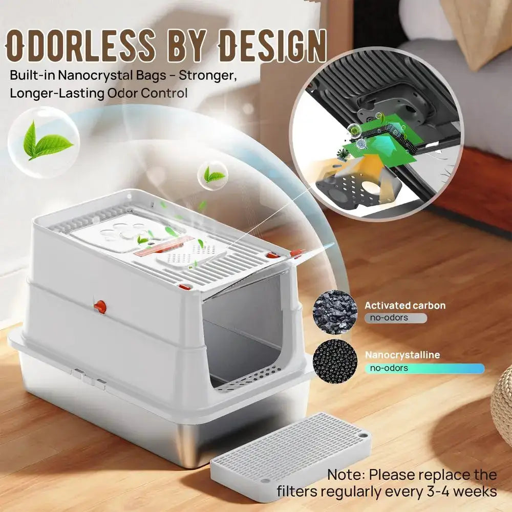 Steel Litter Box with Lid, SUS304 Metal Cat Litter Boxes, Enclosed Extra Large Kitty LitterBox High Wall, Jumbo Cat Toilet Odor by Furtastic Pet Essentials