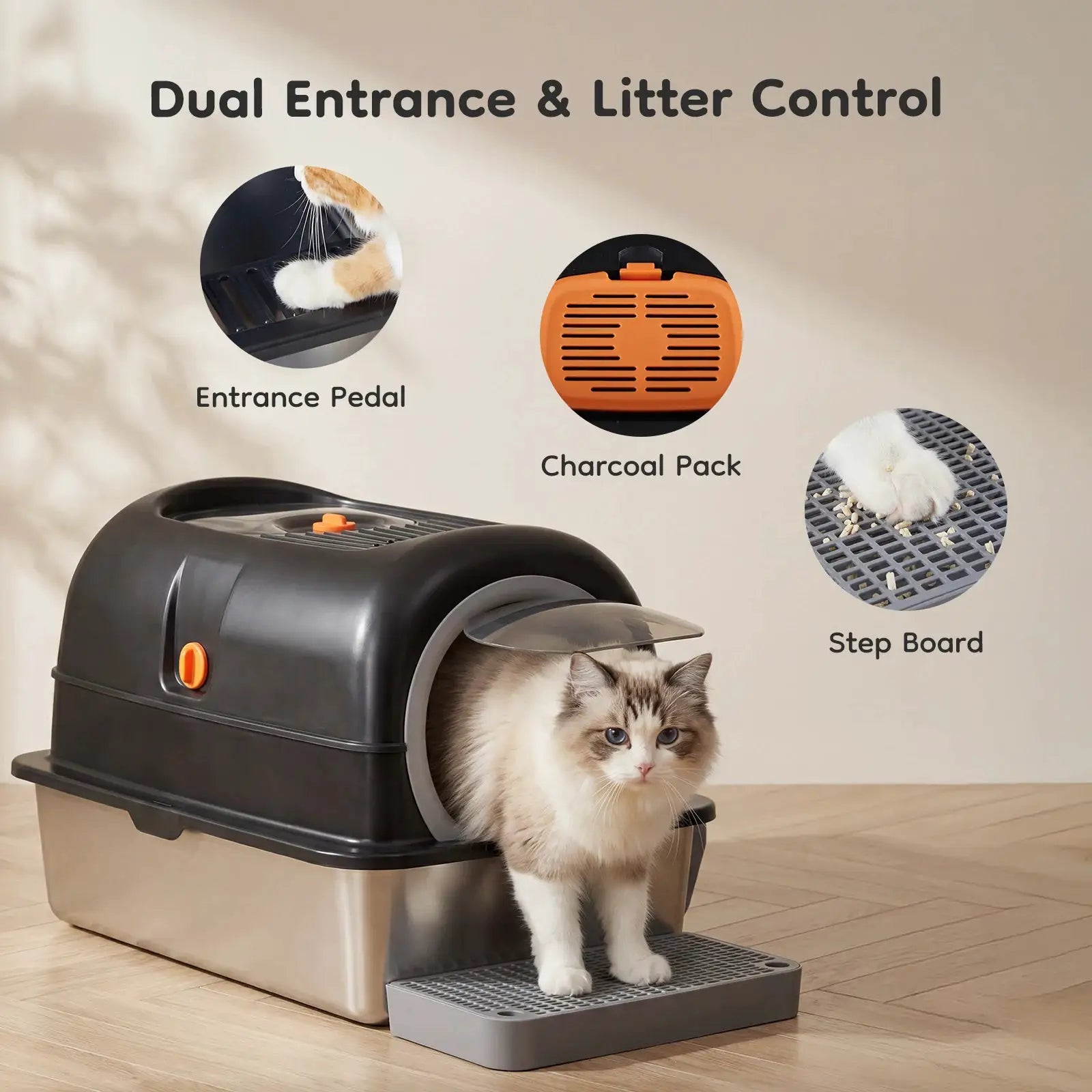 JHK 24IN Stainless Steel Cat Litter Box with Fully Enclosed 30L Large Cat Litter Box for Big Cats Cat Box Scoop and Mat Included by Furtastic Pet Essentials