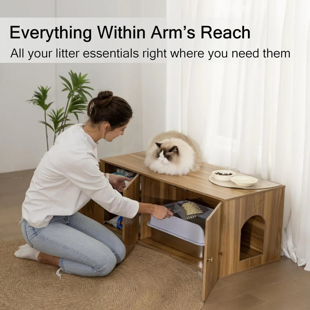 Wooden Cat Litter Box Enclosure With Storage And Adjustable Divider