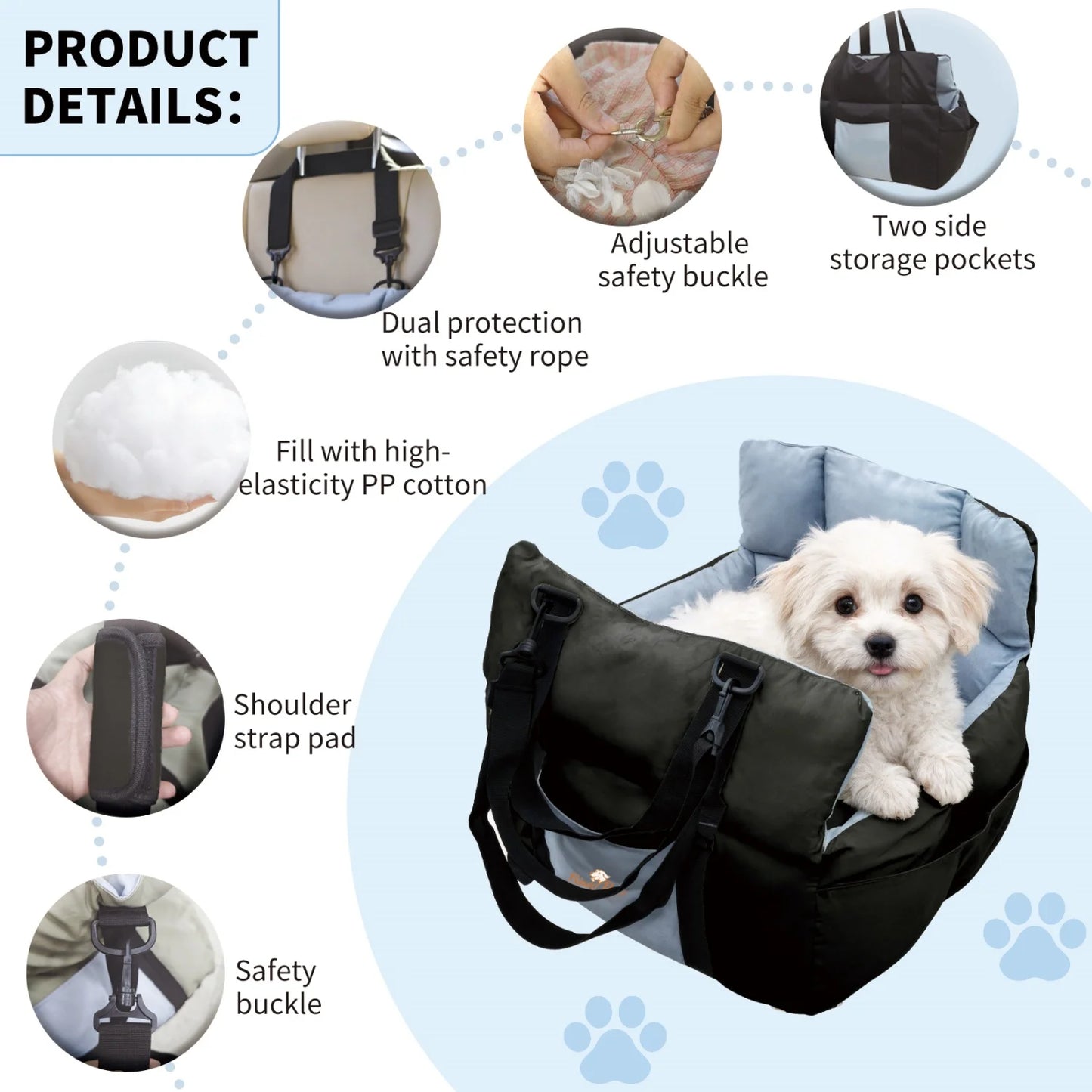 Small Dog Car Seat Travel Bed With Safety Belt Pocket