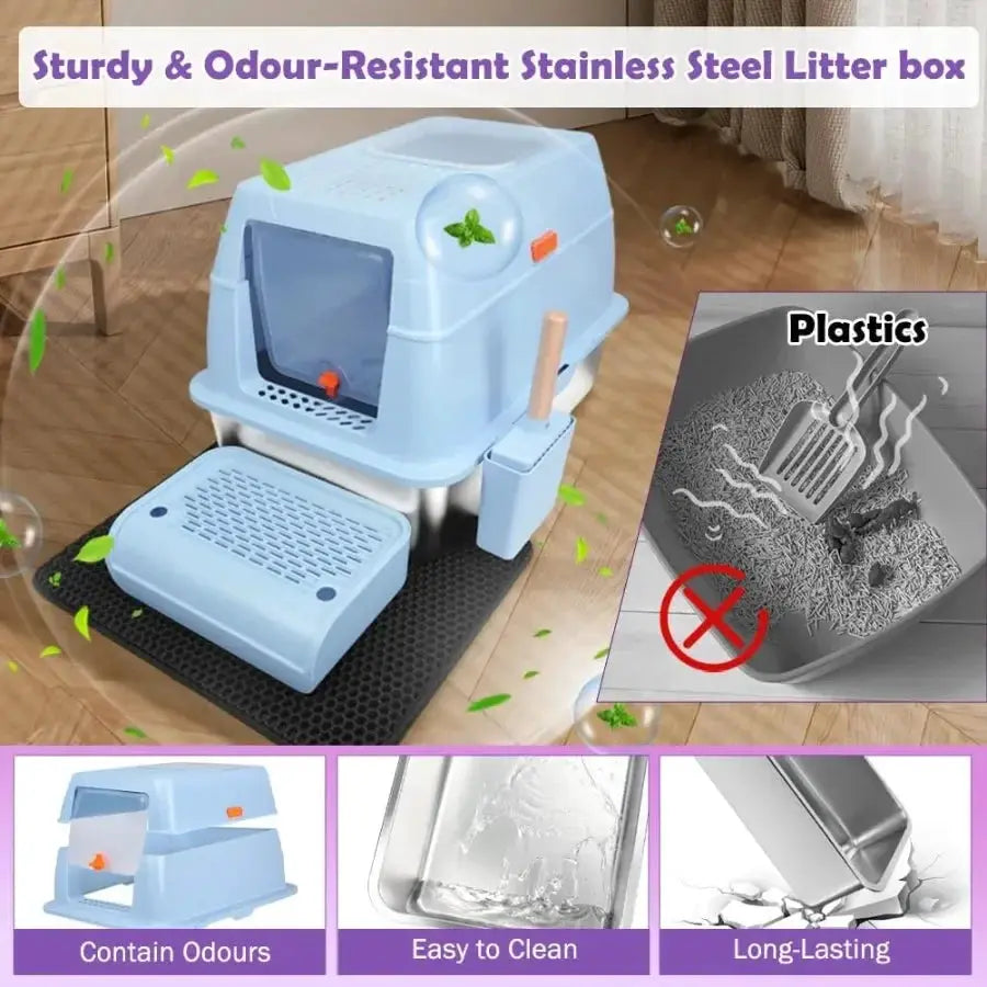 XL Stainless Steel Litter Box with Top Exit Design for EasyClean and Odor Control Fully Enclosed Structure with Activated Charc by Furtastic Pet Essentials