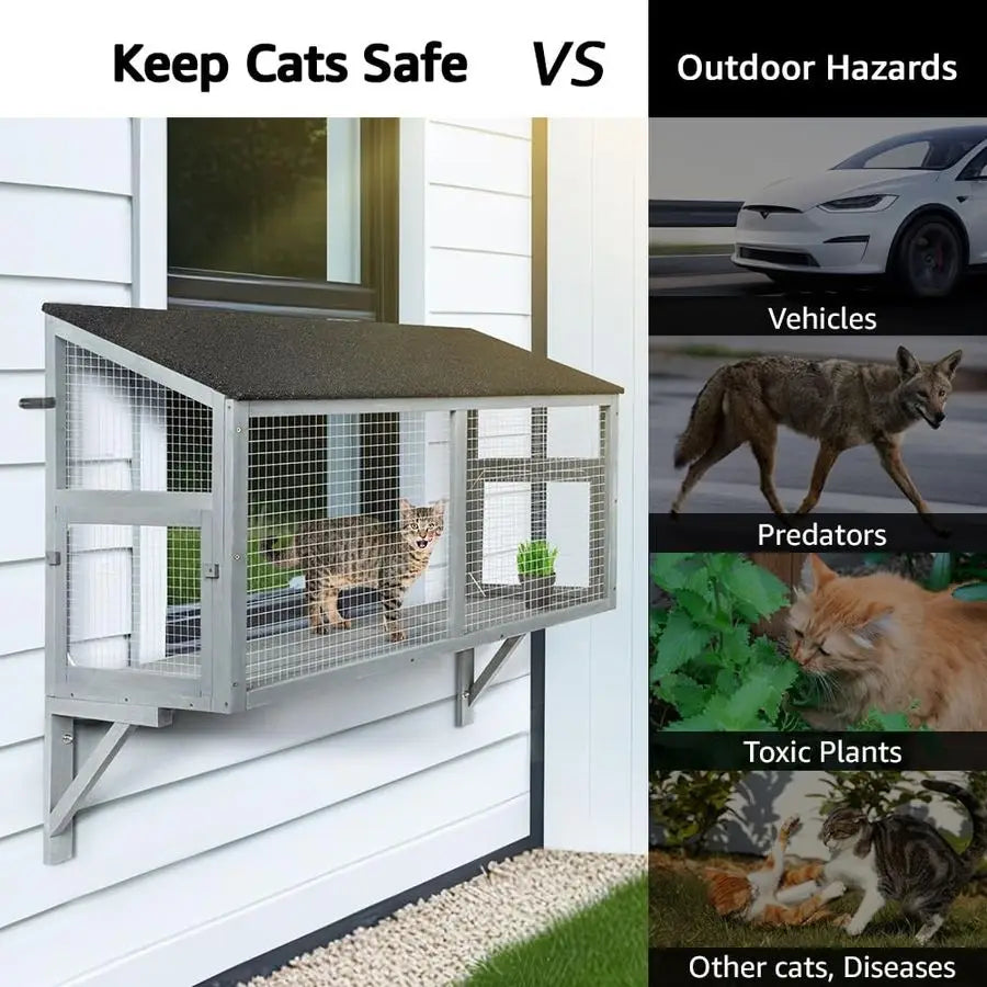 Cat Window Catio Enclosure for Indoor Cats Wooden Window Perch