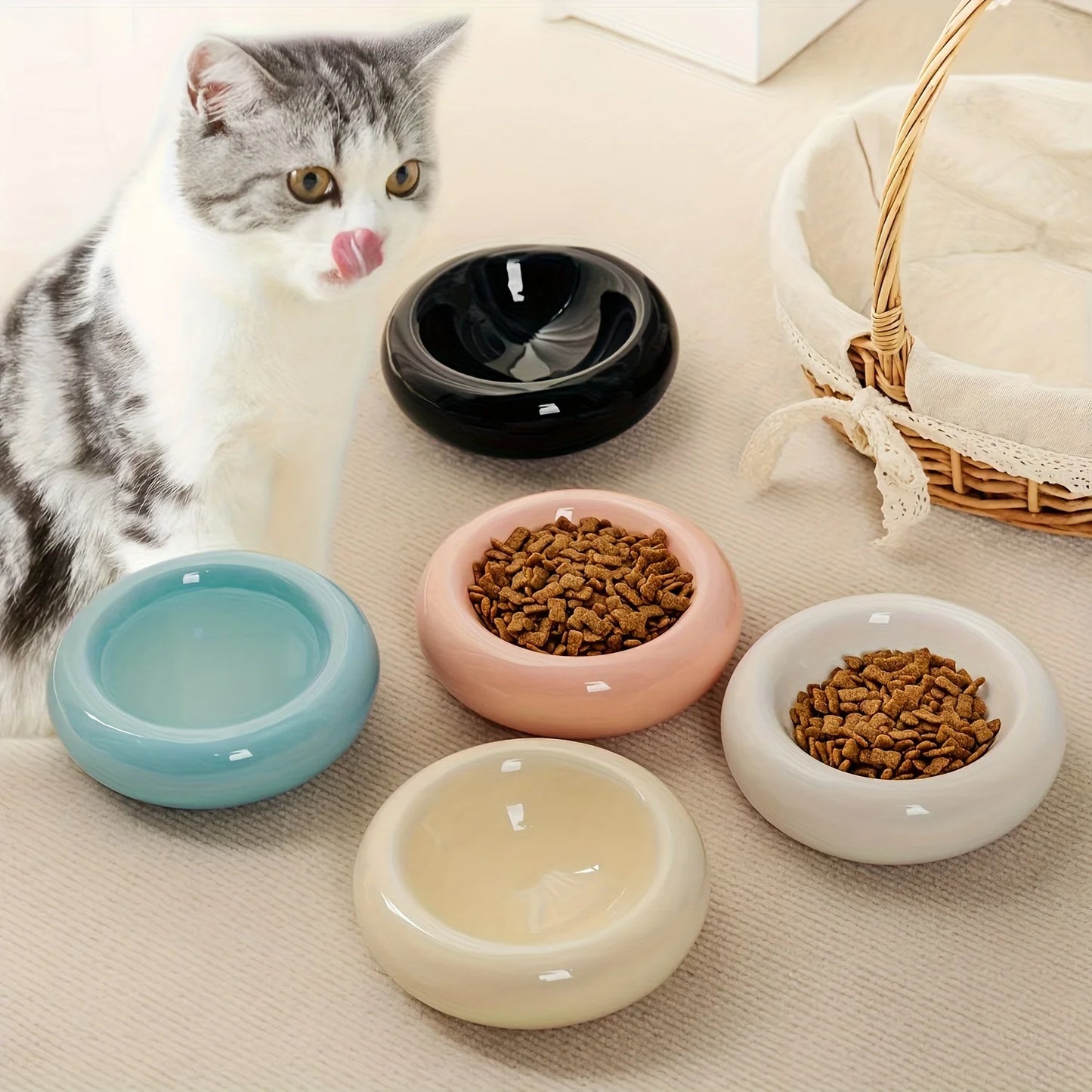 Ceramic Cat Bowl Donut Shape Non Slip Anti Fall Pet Dish