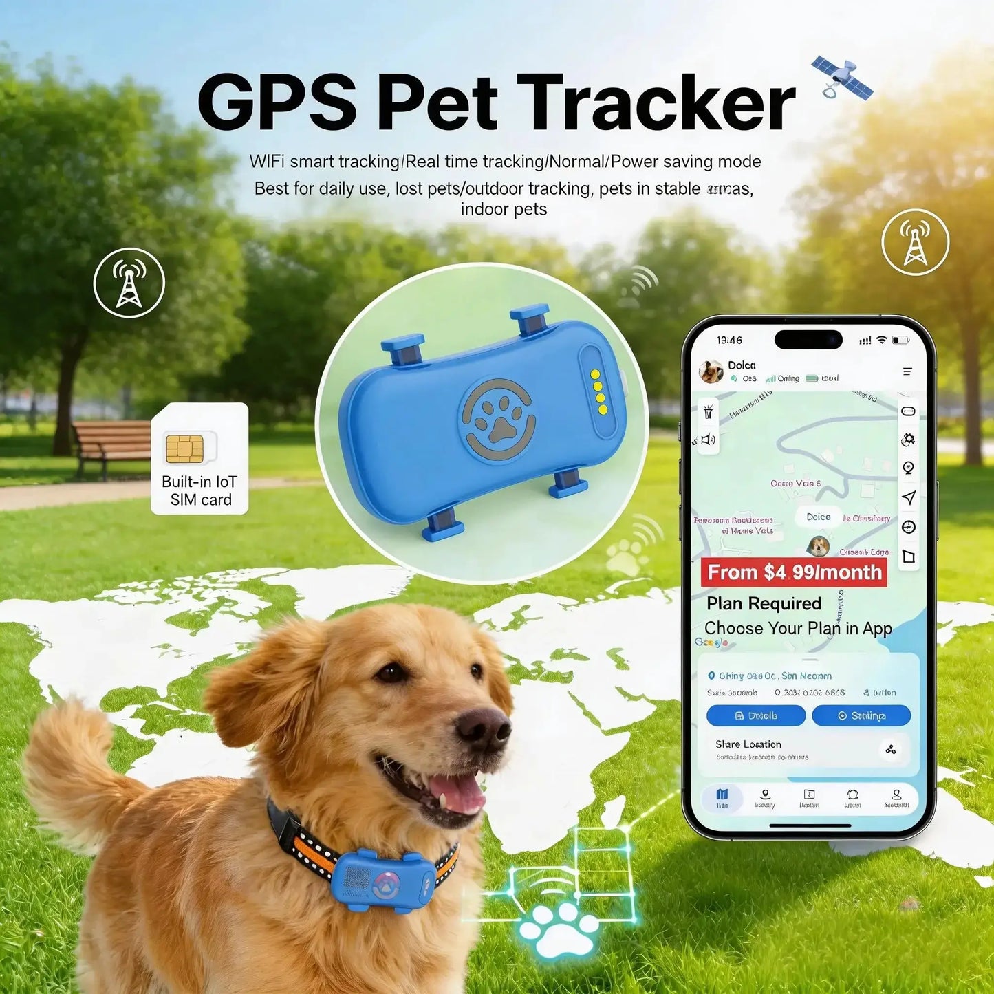 GPS Pet Tracker 4G for Dogs & Cats Built-in SIM with Real-Time Tracking, WiFi Home Positioning, IP67 Waterproof, Plan Required by Furtastic Pet Essentials