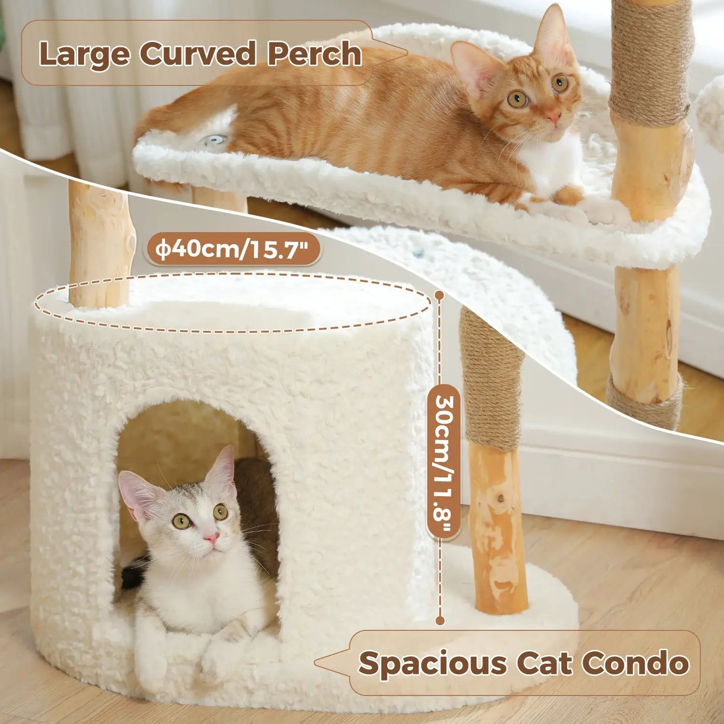 Modern Cat Tree Tower with Natural Solid Wood Scratching Posts Spacious Wicker Basket Luxury Cat Condo Bed for Indoor Cat Toys by Furtastic Pet Essentials