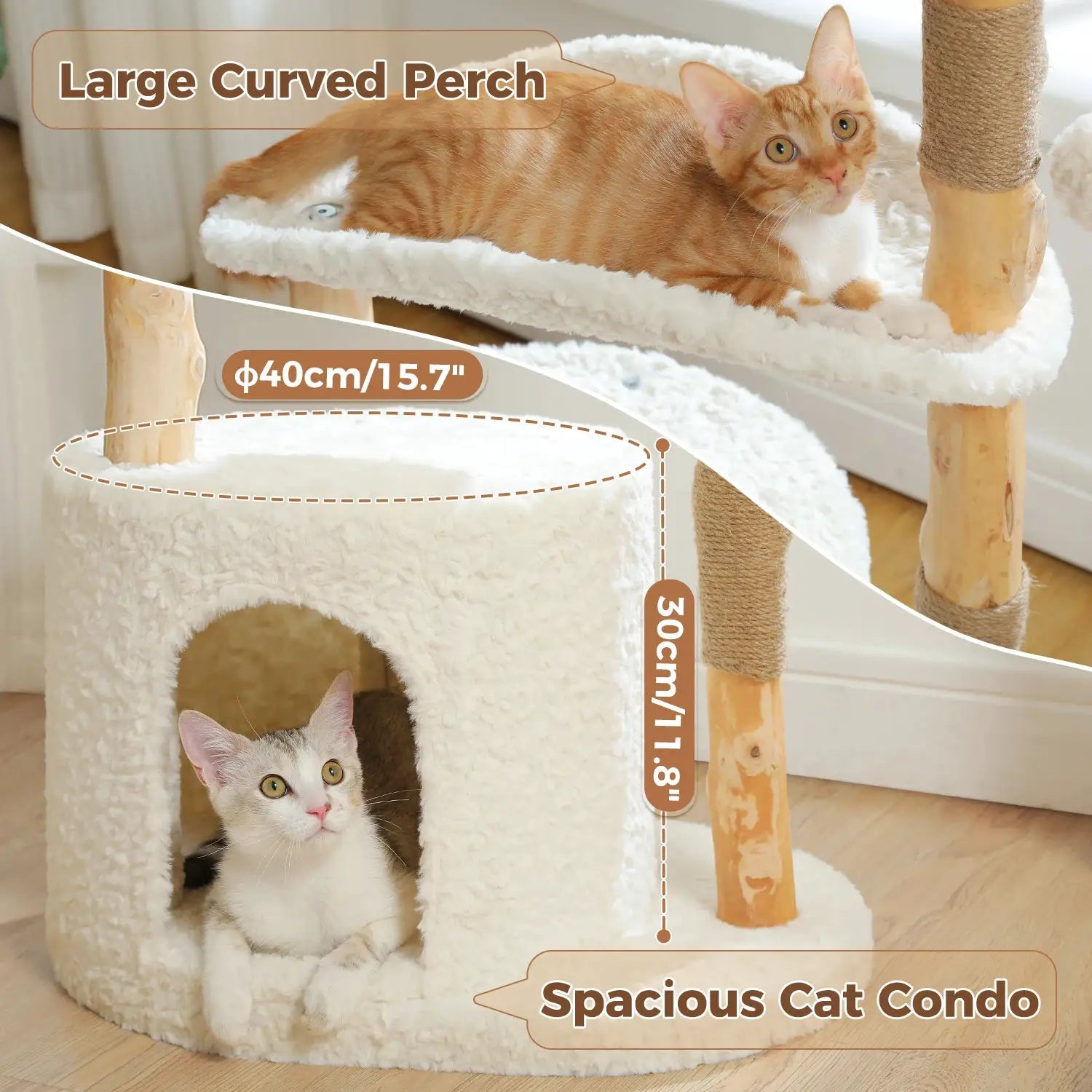 Modern Cat Tree Tower with Natural Solid Wood Scratching Posts Spacious Wicker Basket Luxury Cat Condo Bed for Indoor Cat Toys by Furtastic Pet Essentials