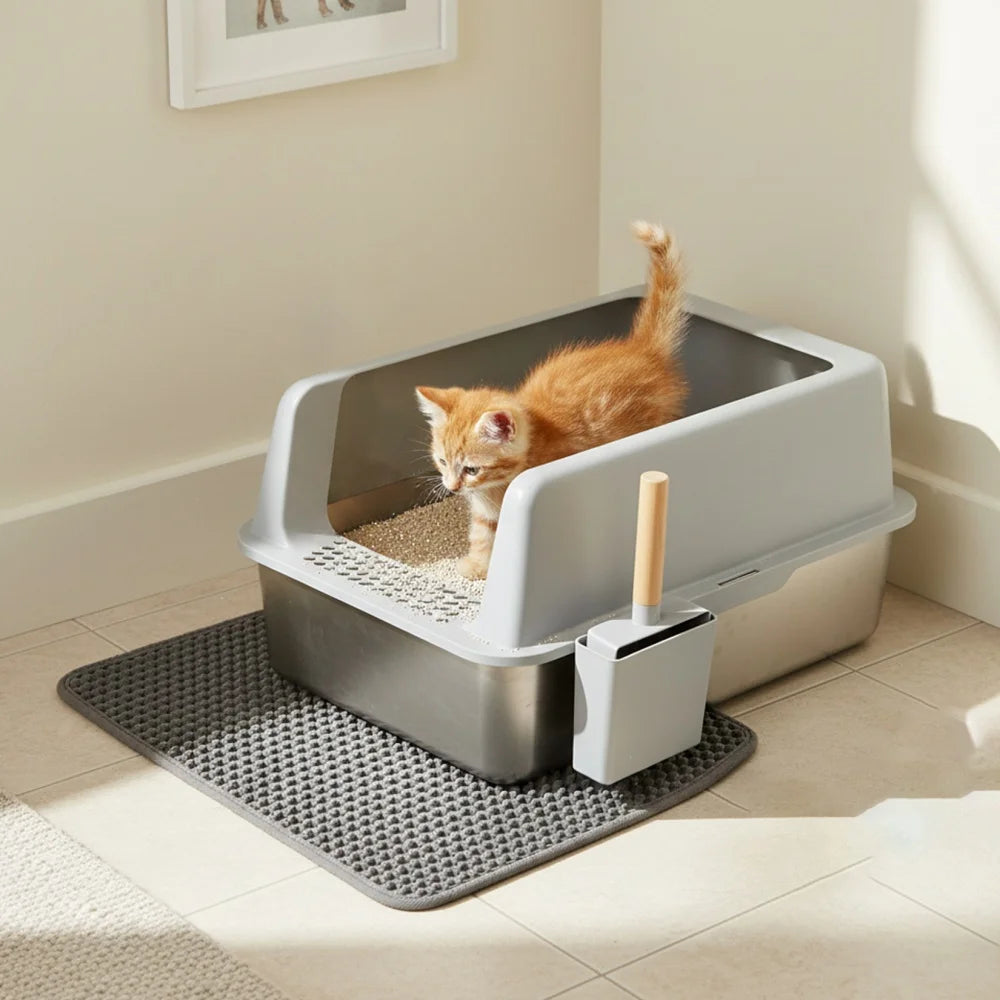 Stainless Steel Cat Litter Tray Open High Sided With Mat