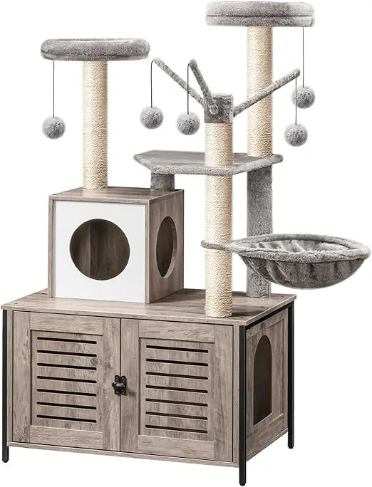 HOOBRO All In One Wooden Cat Tower With Litter Box Enclosure