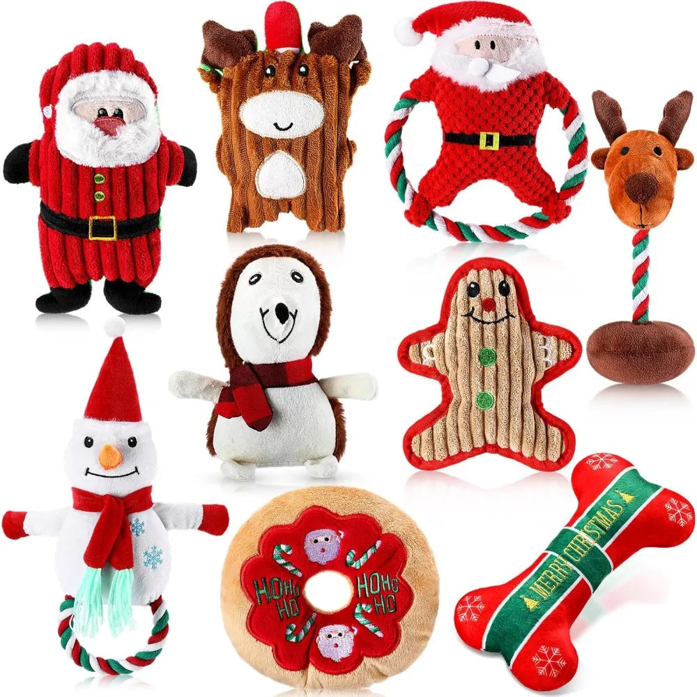 Hign-concerned Christmas Dog Toys 9 Pcs Squeaky Plush Chew Set