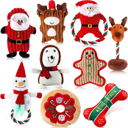 Hign-concerned Christmas Dog Toys 9 Pcs Squeaky Plush Chew Set