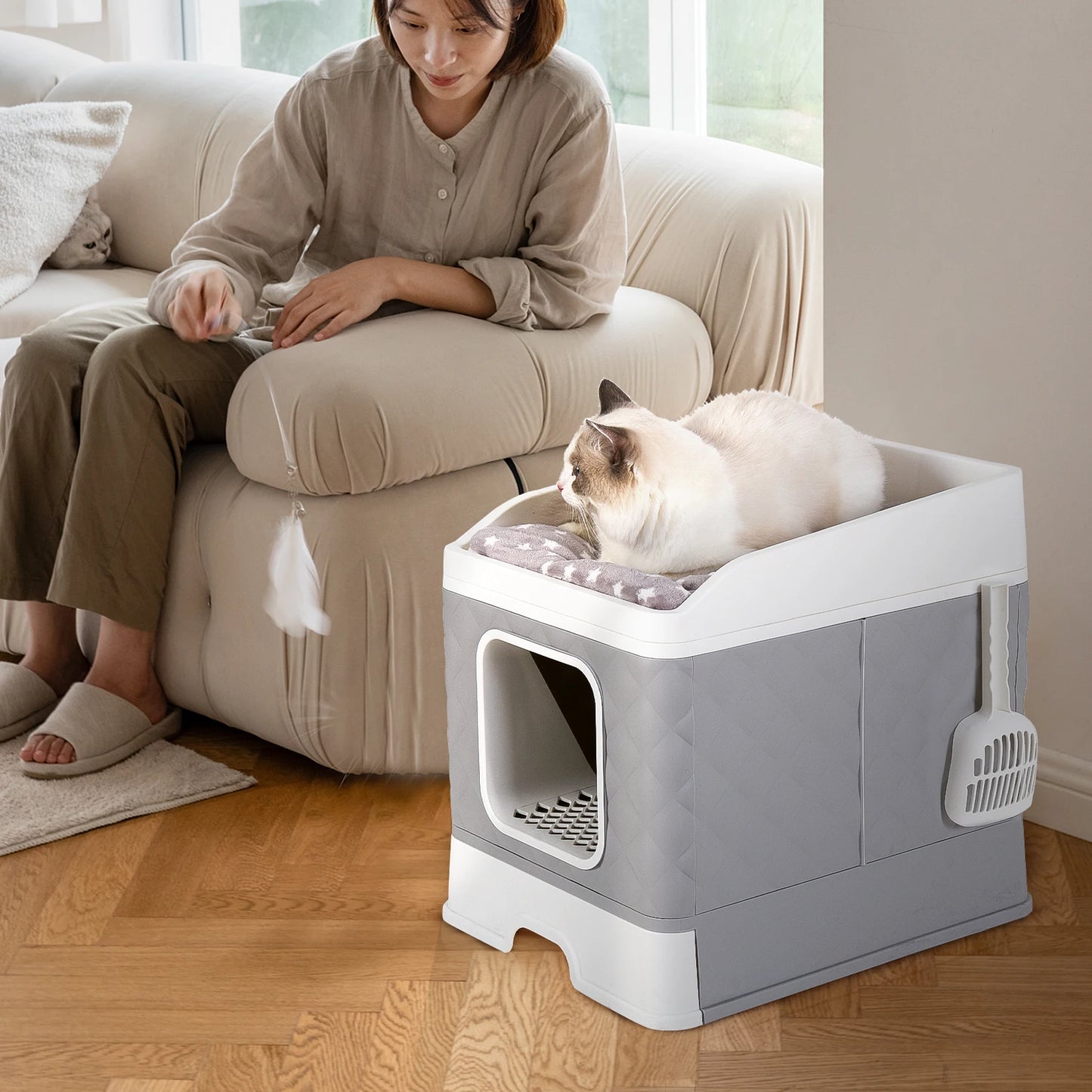 Cat Litter Box With Lid Enclosed Top Entry Anti Splashing