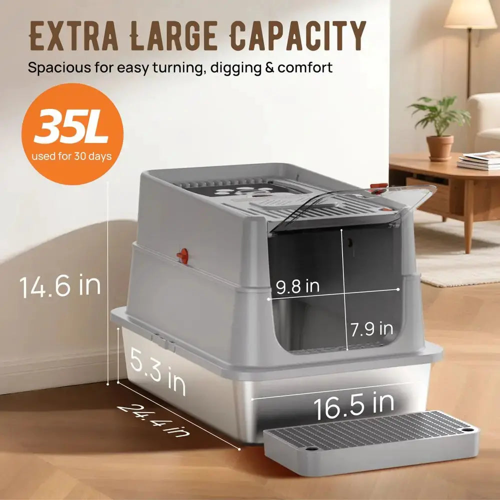 Steel Litter Box with Lid, SUS304 Metal Cat Litter Boxes, Enclosed Extra Large Kitty LitterBox High Wall, Jumbo Cat Toilet Odor by Furtastic Pet Essentials