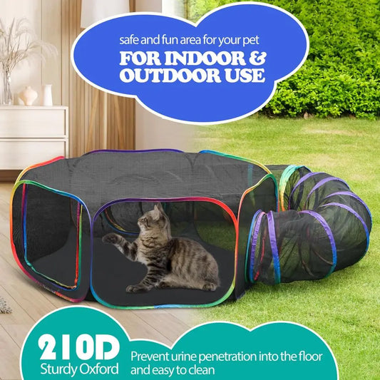 Portable Rainbow Cat Enclosure Playpen With Storage Bag And Stakes