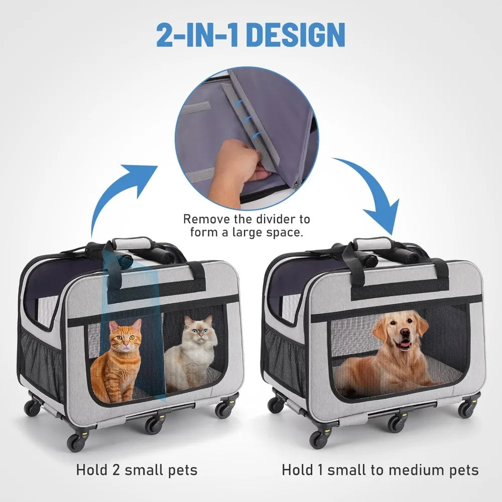 TIFICY Double Pet Carrier With Wheels For Cats And Small Dogs Up To 40 Pounds