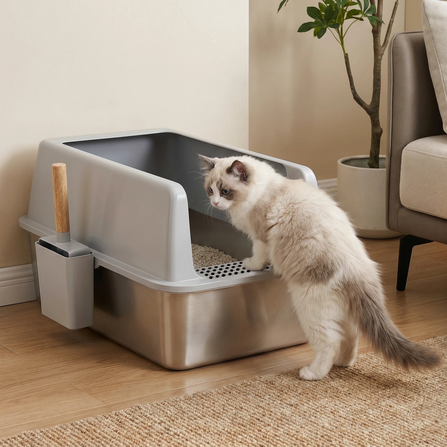 Stainless Steel Cat Litter Tray Open High Sided With Mat