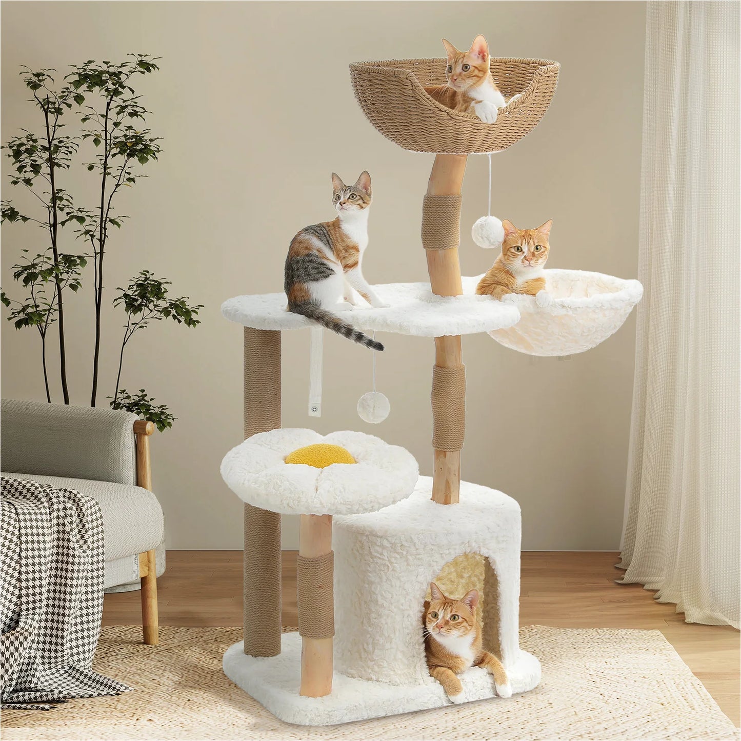 PEQULTICN Solid Wood Cat Tree Tower With Condo And Perches