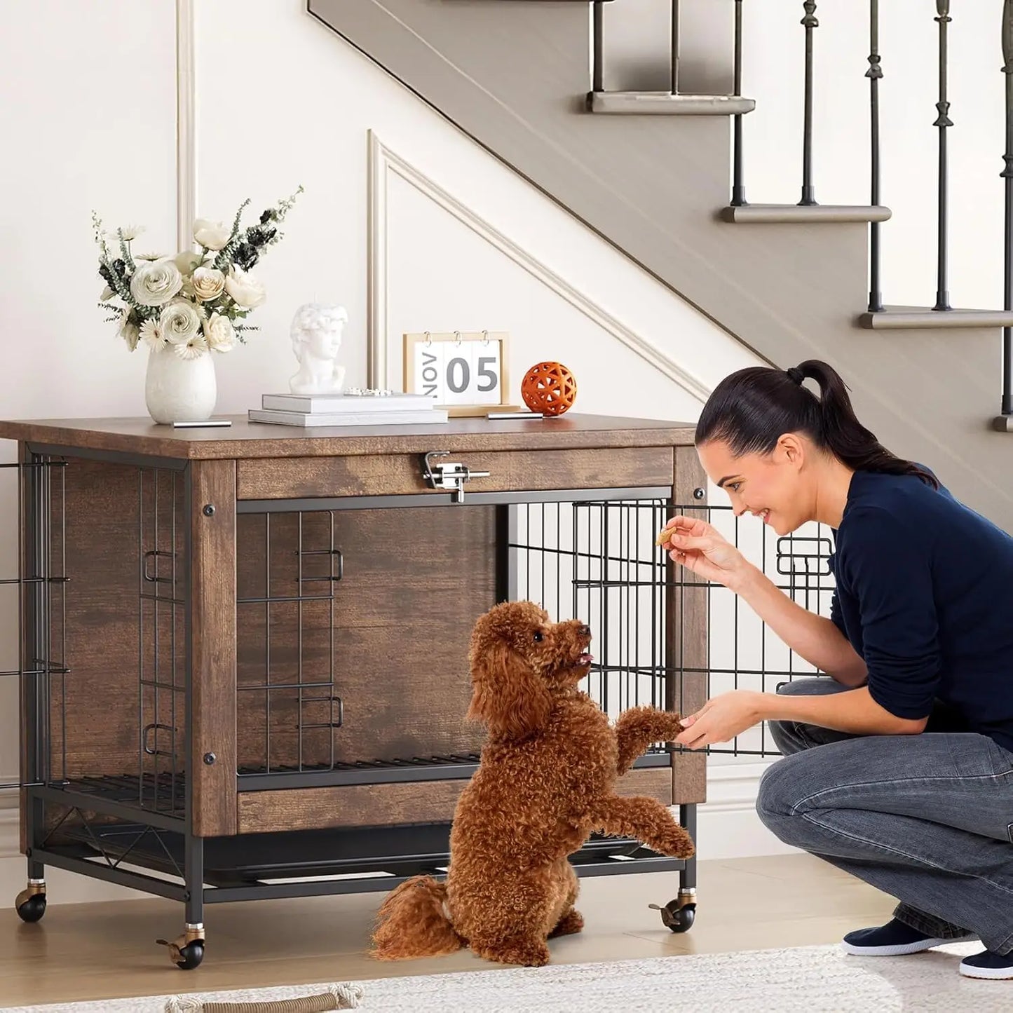 HiMISS Modern Wood And Metal Dog Crate Furniture End Table